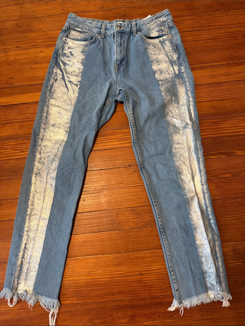 H&M Light Blue Jeans with Silver Painted Side Panels size 8